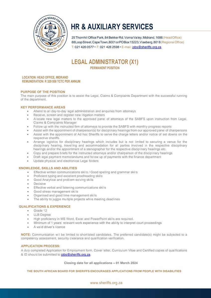 CarolBoitumelo1's tweet photo. South African Board For Sherrifs

📌 Claims Administrator
📌 Legal Administrator
📌 Complaints Administrator
📌 Finance Officer 

Closing Date : 01 March 2024
Send your cv, complete application form, certified copies of qualifications and ID to jobs@sheriffs.org.za 

Appl Form: 
https://t.co/U8QhFQzIKe