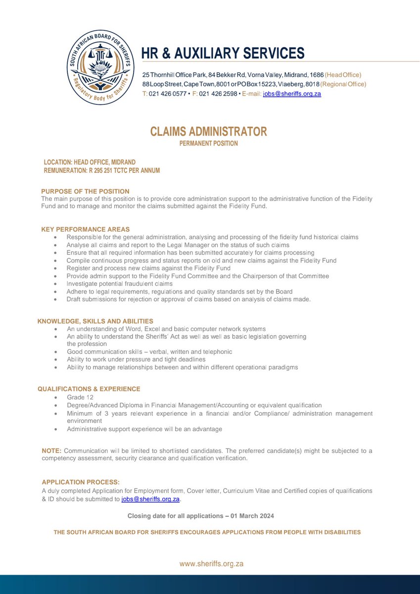 CarolBoitumelo1's tweet photo. South African Board For Sherrifs

📌 Claims Administrator
📌 Legal Administrator
📌 Complaints Administrator
📌 Finance Officer 

Closing Date : 01 March 2024
Send your cv, complete application form, certified copies of qualifications and ID to jobs@sheriffs.org.za 

Appl Form: 
https://t.co/U8QhFQzIKe