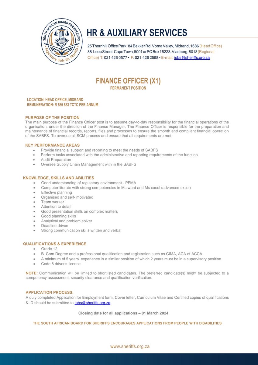 CarolBoitumelo1's tweet photo. South African Board For Sherrifs

📌 Claims Administrator
📌 Legal Administrator
📌 Complaints Administrator
📌 Finance Officer 

Closing Date : 01 March 2024
Send your cv, complete application form, certified copies of qualifications and ID to jobs@sheriffs.org.za 

Appl Form: 
https://t.co/U8QhFQzIKe