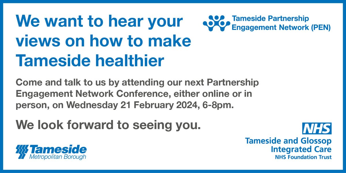 We want to hear your views on how to make Tameside healthier💬 Come and talk to us at our next PEN event at Dukinfield Town hall or online on the 21 February 6pm - 8pm. Register below👇 eventbrite.co.uk/e/partnership-…