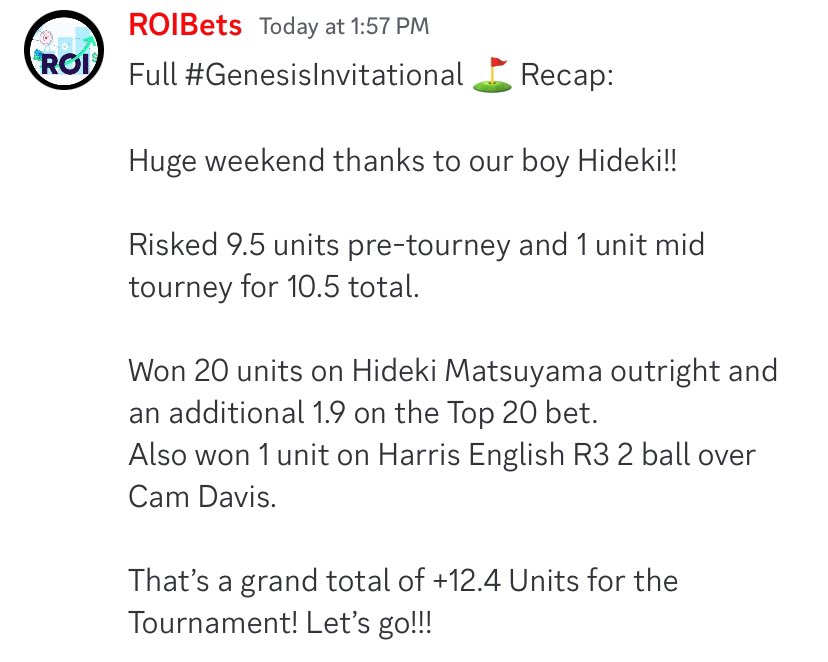 ⛳️ #GenesisInvitational ⛳️ Recap:

HUGE weekend for a total profit of 12.4 UNITS!!!

You don’t wanna miss out on future opportunities like this. Join @ThePlaybookHQ Discord for more

whop.com/theplaybookhq/