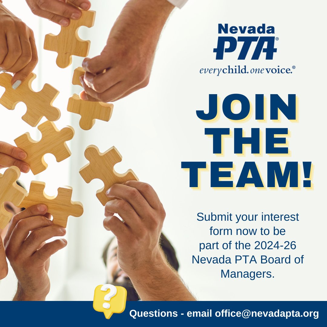 Nevada PTA is seeking candidates to stand for election during the Nevada PTA Convention in April 2024.

➡️Visit NevadaPTA.org/jointeam for more information and to submit a letter of interest by March 5th.

❓️Questions 📧 Office@NevadaPTA.org