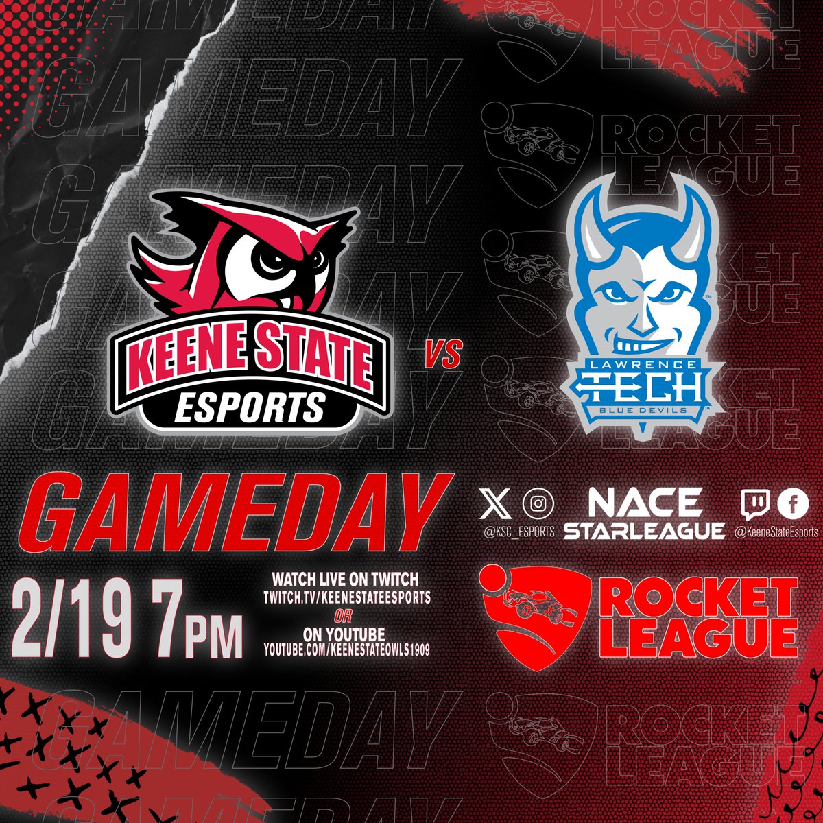 KSC_Esports's tweet photo. GET READY FOR ROCKET LEAUGE!!!!!
TODAY AT 7PM COME WATCH AS KEENE STATE FACES OFF AGAINST LAWRENCE TECH IN ROCKET LEAUGE!!!!
WATCH LIVE AT 7PM:
🔗https://t.co/XrAZaLJH8s
OR
🔗https://t.co/FJ00Em7Dkz
#owlsareop #rocketleague #nacestarleague #keenestatecollege #lawrencetech https://t.co/DnK50AqabM