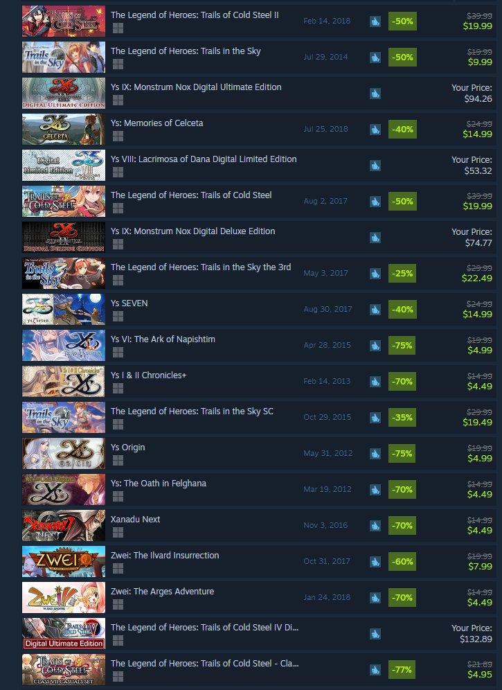 Wario64's tweet photo. Nihon Falcom developer sale on Steam https://t.co/HIxjSEvAJR https://t.co/yhCtnjGkOX