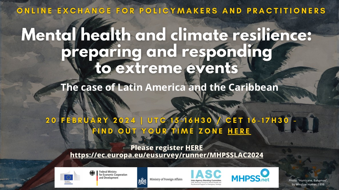 TOMORROW 📣 #MentalHealth & #ClimateResilience: the case of Latin America & the Caribbean 📅 20 February 2024, 3pm UTC (London Time) 🔗 Register: bit.ly/3w0r8rw 🌎 Languages: English, Spanish, French, Portuguese 👉 More info: bit.ly/3SKWZVR