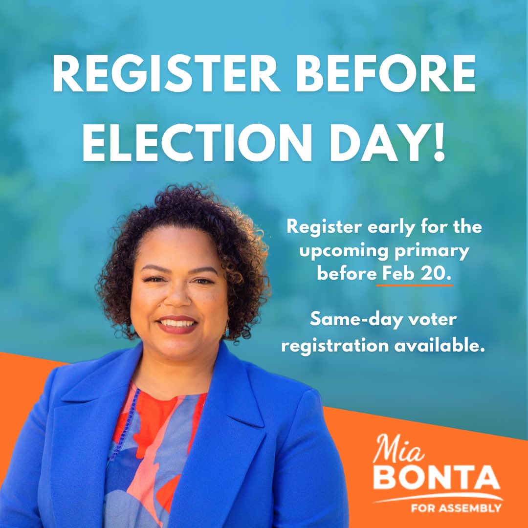 ⏰ Time is running out to register for the March 5th primary! Tomorrow, Feb 20th, marks the deadline for early registration. Conviently register at acvote.org. Every vote shapes our future!