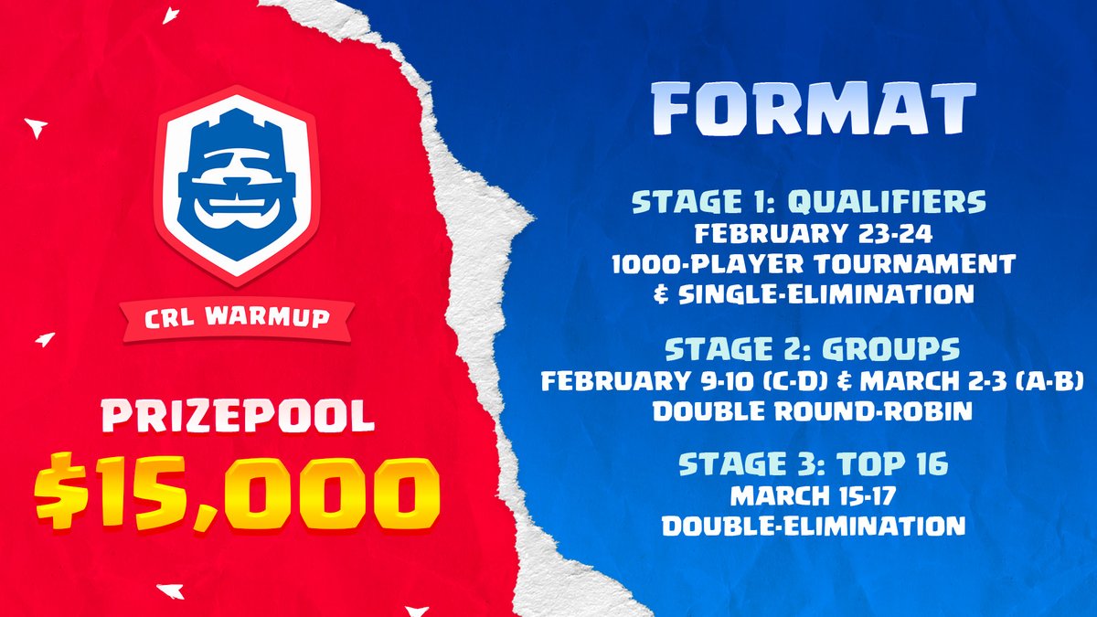 Here's a 3-step warmup program 🏃
1⃣ 1000-player qualifiers
2⃣ Group Stage
3⃣ Double elimination bracket

#CRL24 Warmup coming up on February 23 to kick off the 2024 season!