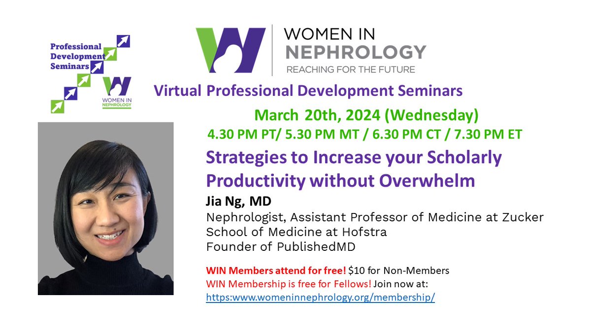WIN is constantly working to bring you relevant content through our Professional Development Series!!!

Coming soon 'Strategies to Increase Scholarly Productivity'

Register: eventbrite.com/e/strategies-t…

Support us. Become a WIN member today!!
womeninnephrology.org/membership/