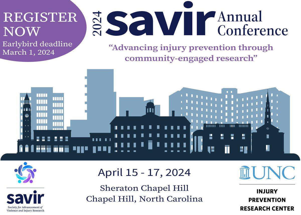 Register now for the #SAVIR2024 conference on “Advancing injury prevention through community-engaged research!” Join us in Chapel Hill, NC, April 15-17 #injuryprevention Get early bird pricing until 3/1 bit.ly/SAVIR2024