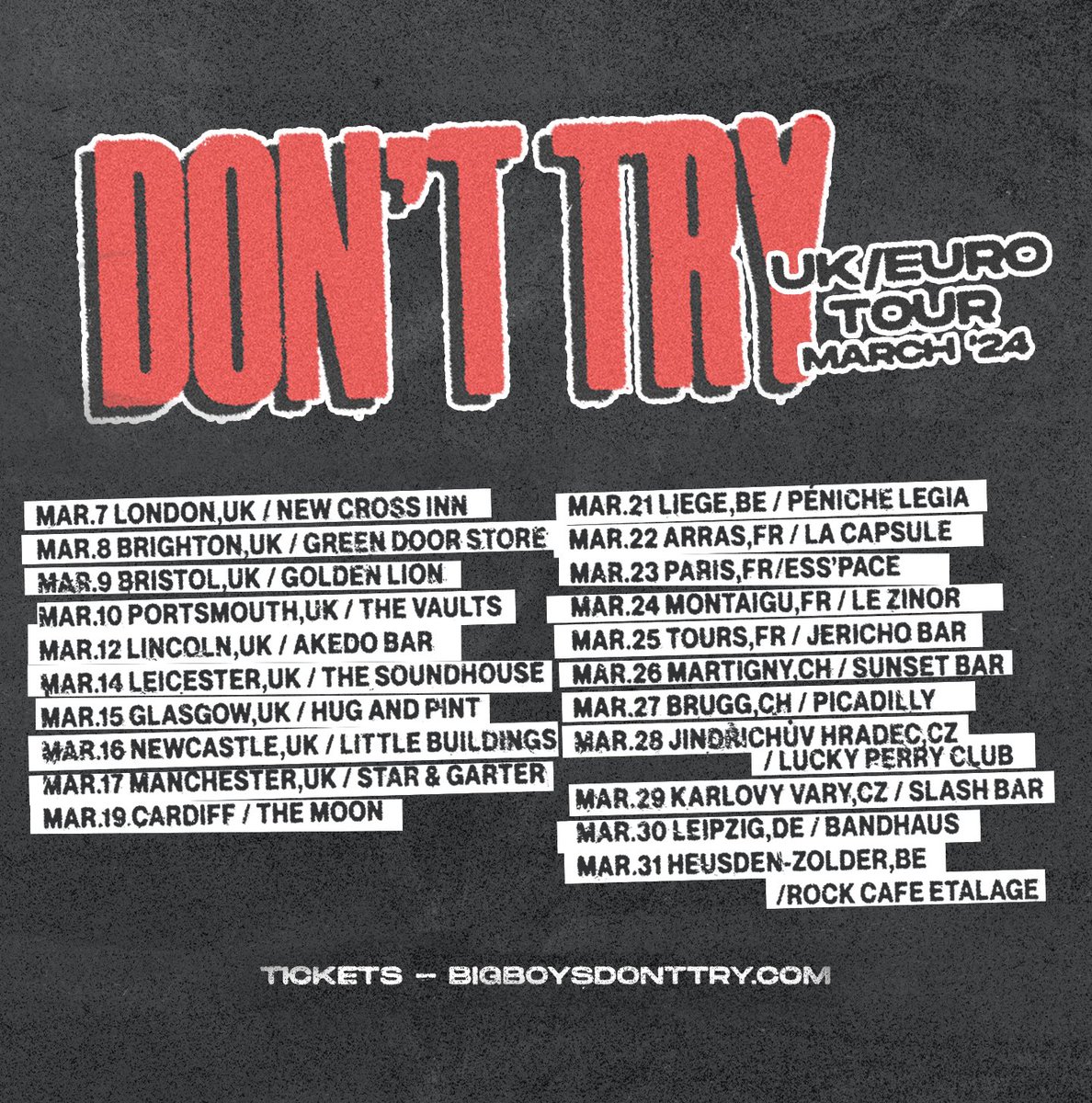 Leaving for this in exactly 2 weeks time and couldn’t be more excited to be hitting the majority of those cities for the first time.

21 shows, 6 countries and a whole lot of madness guaranteed.

Some dates are DOORS ONLY, otherwise ticket links are on our website. Let’s do this!