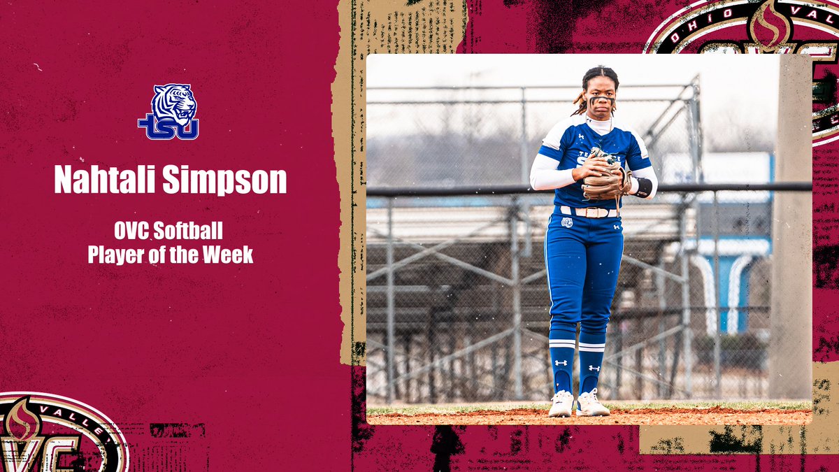 Ohio Valley Conference (@ovcsports) on Twitter photo 𝗢𝗩𝗖 𝗦𝗼𝗳𝘁𝗯𝗮𝗹𝗹 🥎 𝗣𝗹𝗮𝘆𝗲𝗿 𝗼𝗳 𝘁𝗵𝗲 𝗪𝗲𝗲𝗸
<a href="/TNStateSoftball/">TSU Softball</a> SS Nahtali Simpson
• Hit two home runs, a double, drove in 5 and scored three times, leading TSU to a pair of wins.
#OVCit | #RoarCity | bit.ly/42Nvhvi 𝗢𝗩𝗖 𝗦𝗼𝗳𝘁𝗯𝗮𝗹𝗹 🥎 𝗣𝗹𝗮𝘆𝗲𝗿 𝗼𝗳 𝘁𝗵𝗲 𝗪𝗲𝗲𝗸
<a href="/TNStateSoftball/">TSU Softball</a> SS Nahtali Simpson
• Hit two home runs, a double, drove in 5 and scored three times, leading TSU to a pair of wins.
#OVCit | #RoarCity | bit.ly/42Nvhvi