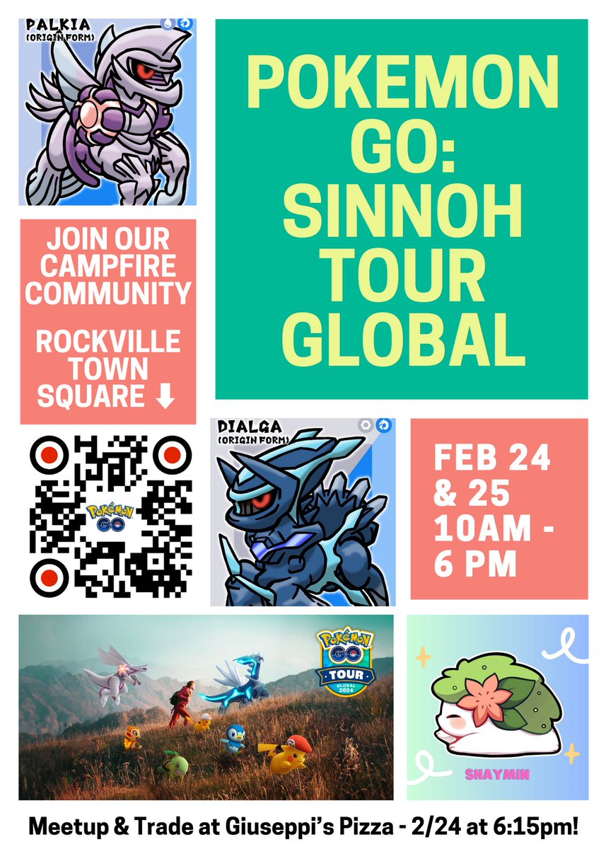 Join me + @mostycool in <a href="/RockvilleTownSq/">RockvilleTownSquare</a> to celebrate #PokemonGOTour Sinnoh Global on 2/24-25! Scan the QR code to join our #NianticCampfire community (Rockville Town Square) + check in to events! #PokemonGO #GoTourRockville

Spread the word! <a href="/TheMoCoShow/">The MoCoShow (MCS)</a> <a href="/VisitMoCo/">Visit Montgomery, MD</a> <a href="/Rockville411/">City of Rockville</a>