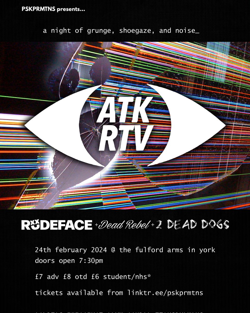 THIS SAT! 24.02.24 Ain't no rest for the wicked... 💀 We will be back on the road heading to The Fulford Arms supporting the fantastic ATKRTV with RUDEFACE &amp; Two Dead Dogs

Tickets:

seetickets.com/tour/atkrtv-ru…

Come and get your fill of #doomdance #york

Brought to you by: PSKPRMTNS