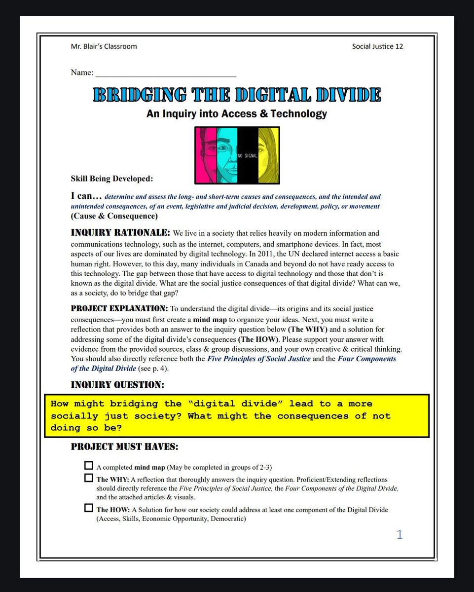 As my district's network is currently down, leaving us teaching and learning without the privilege of the internet, I thought exploring the social justice implications of the 'digital divide' would be a most relevant topic. #bced