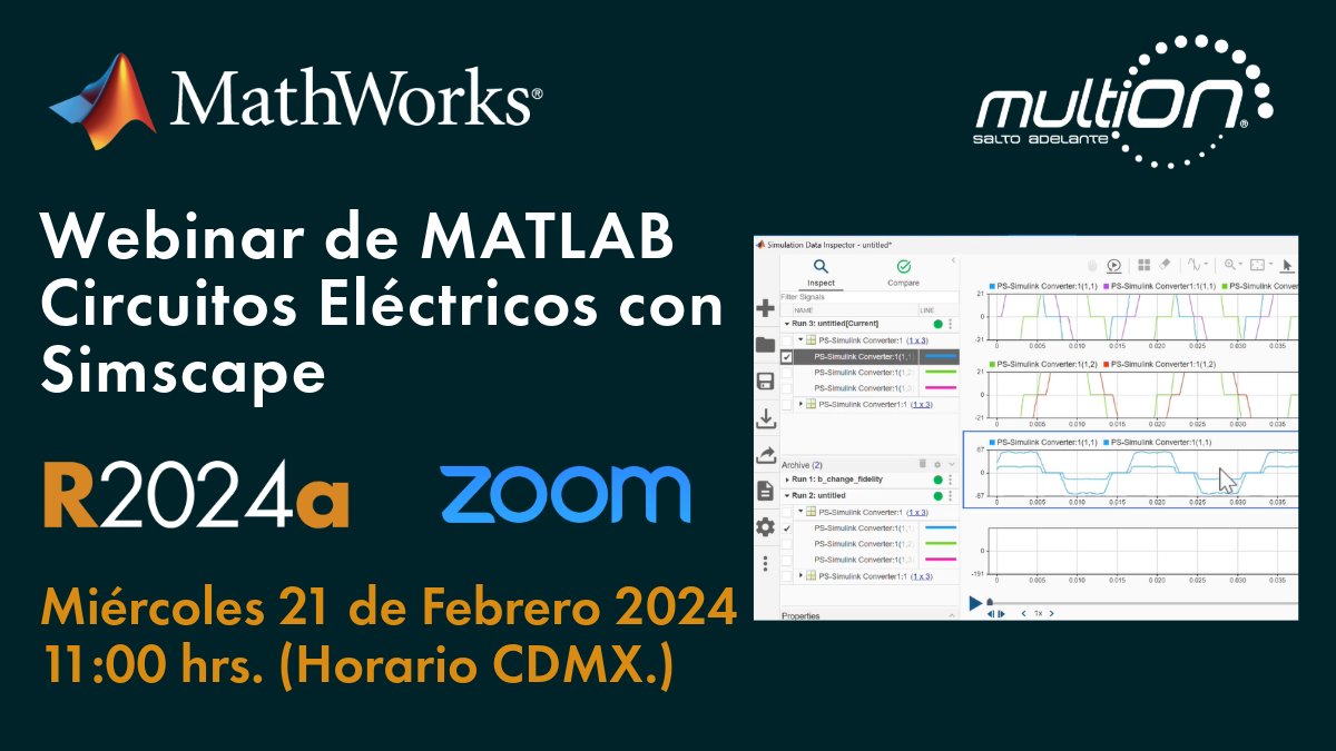 MATLAB_Mexico's tweet image. #Webinar Circuitos Eléctricos con #Simscape bit.ly/3SCkijt 21 de febrero 2024 11:00 AM CDMX. Veremos cómo realizar simulación de #CircuitosEléctricos y un análisis en frecuencia del sistema simulado y el diagrama de #Bode utilizando #Simulink #Engineering #MATLAB