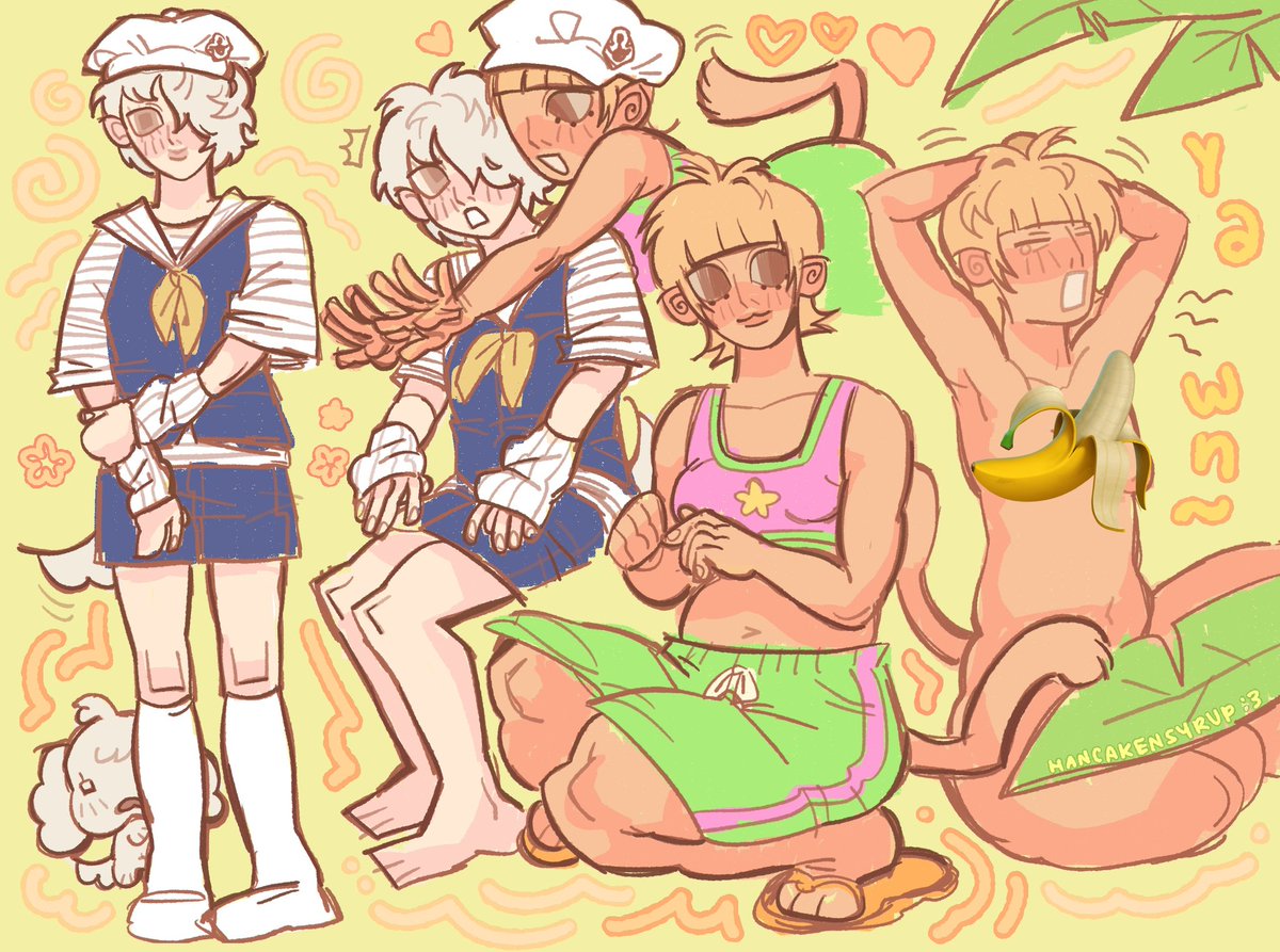 Human Hetmongi and Profmon (my aniteez sona) 🍌🐒🐕 im working on making a white doberman looking guy alternative for hetmongi as well heehee :3333 [HE/HIM ONLY FOR PROFMON PLS]