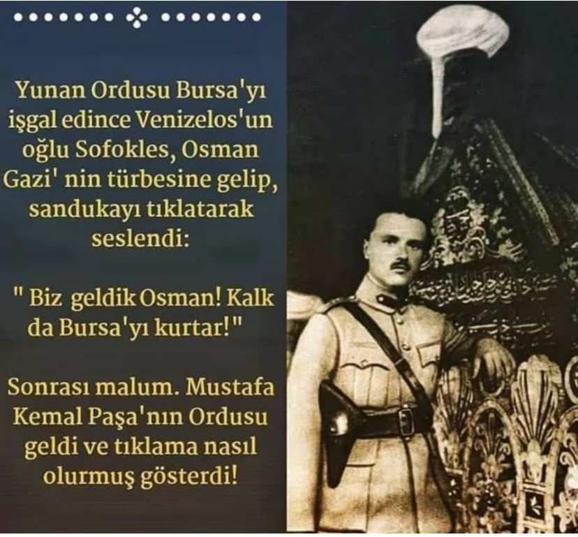 Bursa Yunan tarafından işgal edildiğinde Osman Gazi türbesine Kral Konstantinin resmi asılmıştı. Şehzade mezarlarında İNSAN DIŞKISI vardı. Yunan askerleri evliya yatırlarına işiyorlardı.

Bursa öğretmen okulu memuru Şefik Bey Hariciye Nezaretine mektubundan.( Soldaki)

Bu utanç