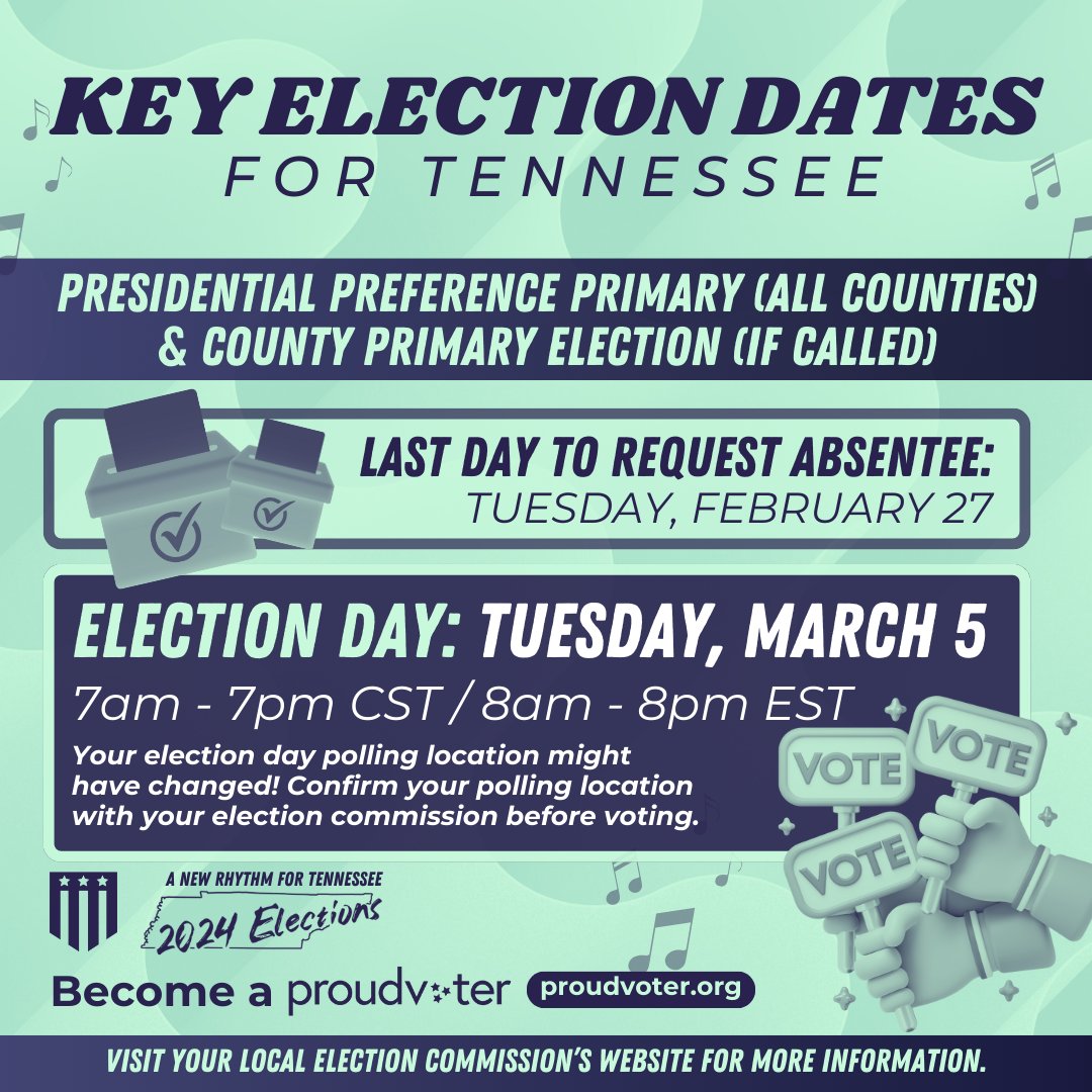 OrganizeTn's tweet photo. 🚨 Don't miss the chance to cast your vote! Confirm your polling location and make your voice count on Election Day, March 5. Let's make a difference together! https://t.co/ls0eGvRwRz #NewRhythmTN @CivicTN https://t.co/1MENgSeY4h