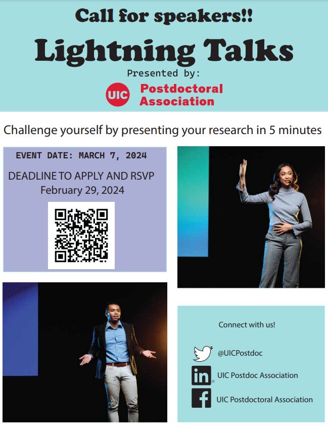 UICPostdoc's tweet image. 🚨DEADLINE EXTENDED🚨
Apply or RSVP today for our first Lightning Talks! Practice your #ScienceCommunication skills with a diverse audience, or come and learn what other postdocs are working on at @thisisUIC!
Apply or RSVP by February 29 #Postdoc #PostdocLife #Research #scicomm