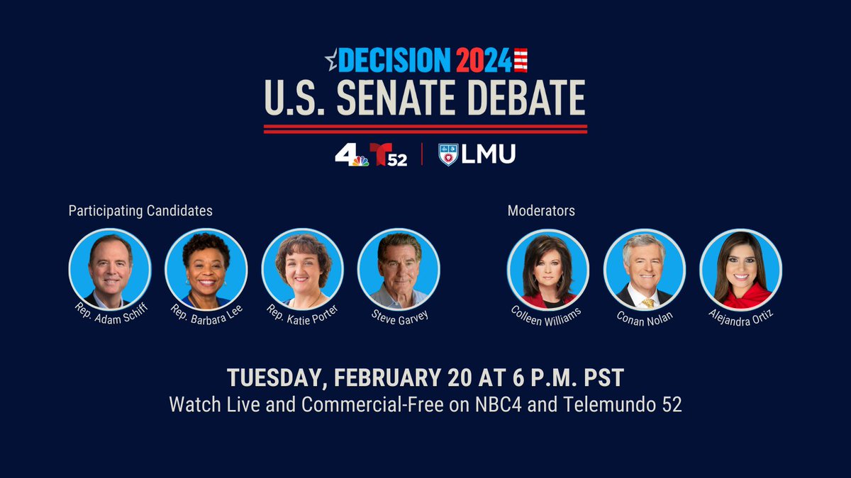 LMU Center for the Study of Los Angeles (@lmustudyla) on Twitter photo LMU is proud to partner with <a href="/NBCLA/">NBC Los Angeles</a> and <a href="/TELEMUNDO52/">TELEMUNDO 52</a> for tomorrow night's one-hour debate featuring four top-polling candidates running to represent California in the U.S. Senate.
📺Live and commercial-free starting at 6 p.m. PST
Learn more: nbclosangeles.com/news/local/nbc… LMU is proud to partner with <a href="/NBCLA/">NBC Los Angeles</a> and <a href="/TELEMUNDO52/">TELEMUNDO 52</a> for tomorrow night's one-hour debate featuring four top-polling candidates running to represent California in the U.S. Senate.
📺Live and commercial-free starting at 6 p.m. PST
Learn more: nbclosangeles.com/news/local/nbc…