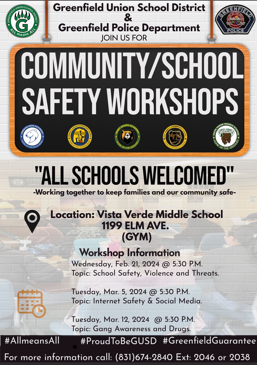 GUSD and the Greenfield Police Department will host community and school safety workshops. We invite all community members to come and join us and learn how we can help our community and youth! #StrongerTogether #AllMeansAll #ThisisGUSD #GreenfieldGuarantee #ProudToBeGUSD