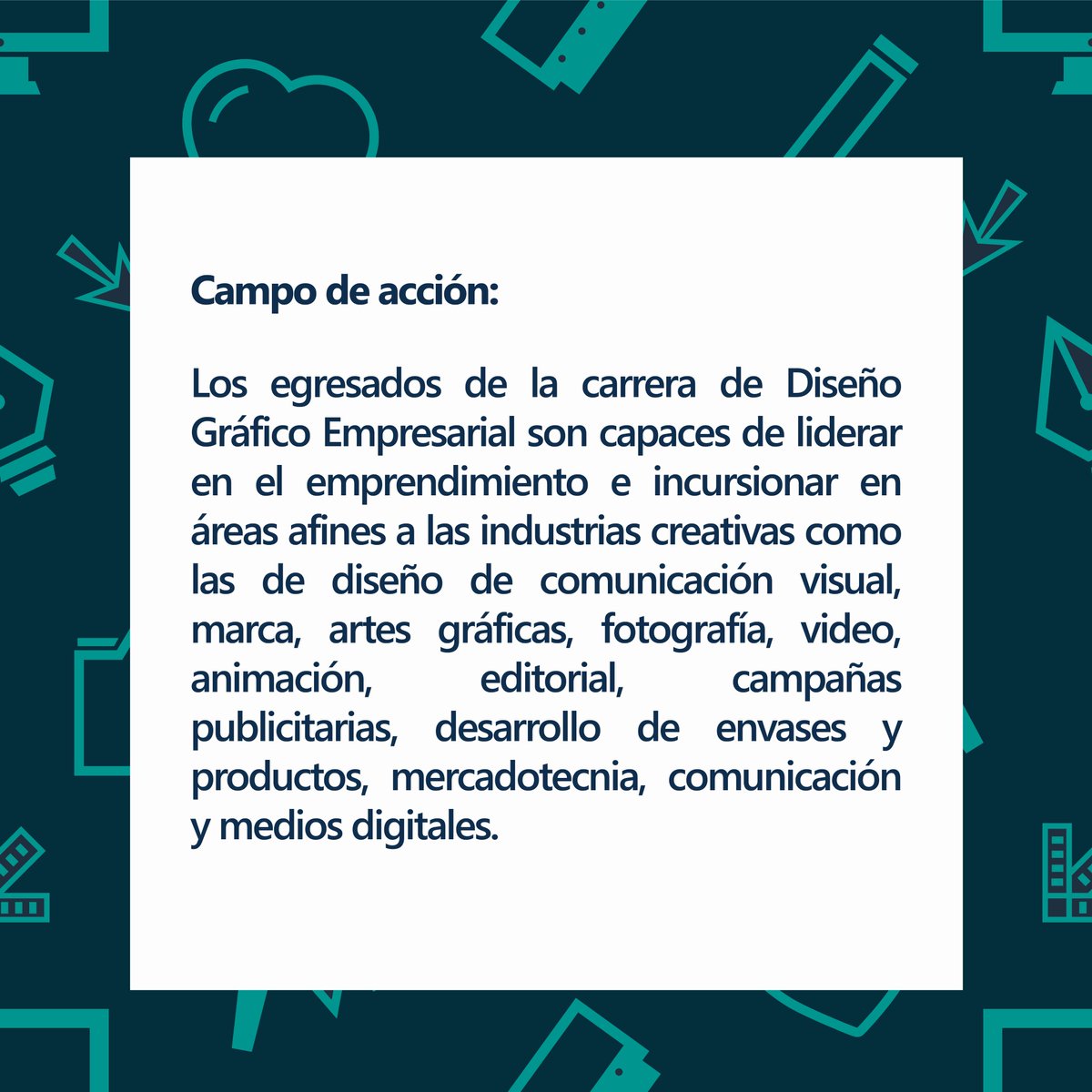disenofceat's tweet photo. Conoce nuestro nuevo plan de estudios actualizado y homologado de la Licenciatura en Diseño Gráfico Empresarial, respondiendo a las exigencias actuales y futuras de los mercados laborales, con enfoque humanista, reduciendo su duración a 4 años.
#SoyLDGE #PlanDeEstudios https://t.co/h6dos0JODx