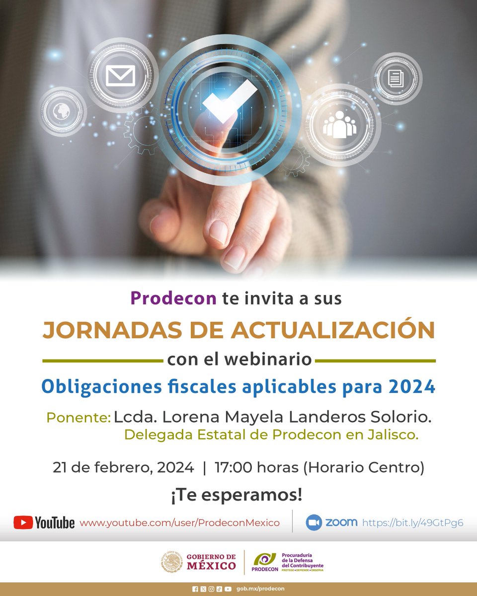 ProdeconMexico's tweet photo. Como parte de nuestra labor de promover y difundir a las personas contribuyentes sobre sus derechos, obligaciones y medios de defensa, #Prodecon te invita al webinario: "Obligaciones Fiscales aplicables para 2024"

💻 Registro vía Zoom: https://t.co/E7IM5stzEK

¡No te pierdas nuestras Jornadas de Actualización! 😊