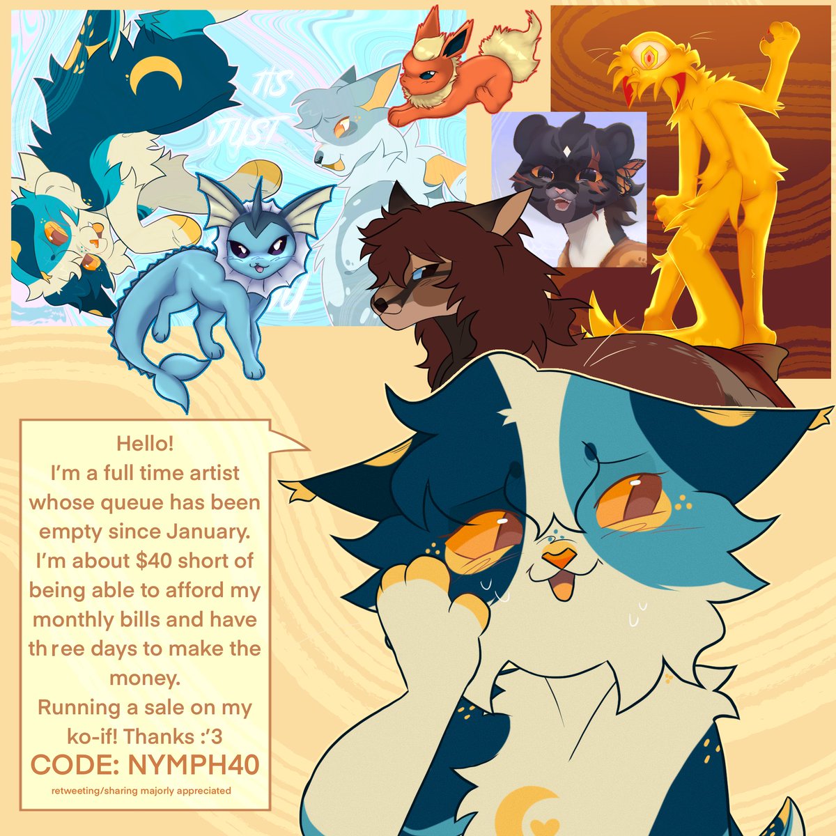 Hello! I’m struggling to make enough money in time to pay my bills and am running a discount sale on my c/om/ms

My ko/fi will be linked in the replies! Use code NYMPH40 for 40% off ALL co/mm/iss/ion until the end of this month! 

RTs heavily appreciated!!
#digitalart #furryart