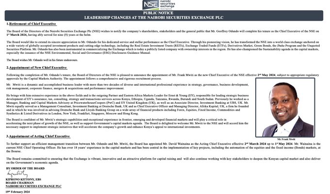 The Board of Directors of the @NSE_PLC is pleased to announce the appointment of Mr. Frank Mwiti as the new Chief Executive of the NSE effective May 2 2024, subject to regulatory approval by the Capital Markets Authority.