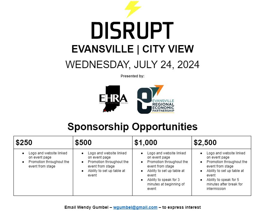 👀 Seeking Sponsors! 

<a href="/evvregion/">Evansville Regional Economic Partnership</a>
<a href="/Disrupt_HR/">DisruptHR</a>

#humanresources #hr #hrindianashrm #evansvilleindiana #sponsorshipopportunity #networkingevent #HRInnovation #EHRA #futureofwork #disrupthrevansville