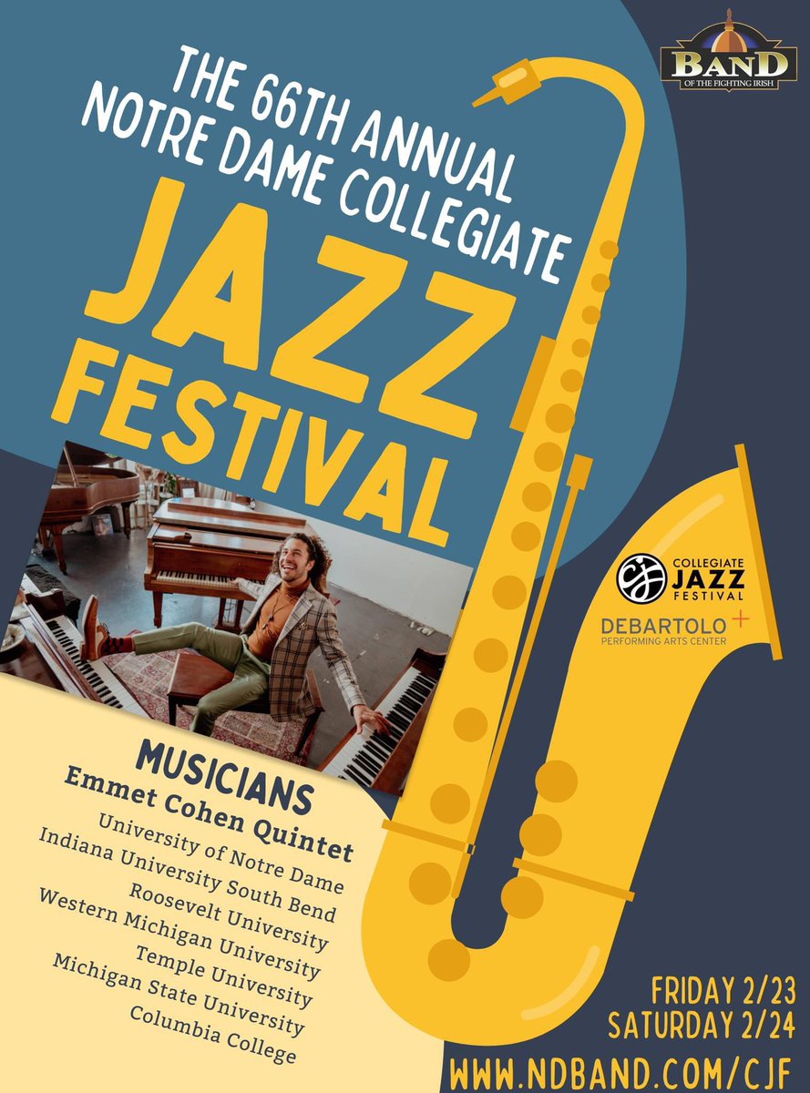 Visit ndband.com/cjf for more details on the 66th CJF this weekend! Many of the events are free, including a Friday night clinic with the amazing Emmet Cohen!