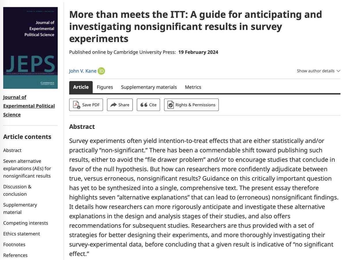 🚨It's finally out AND #OpenAccess!!! Do you do survey experiments? This article is for you! 7 things that increase the risk of null/non-significant results & how to detect/prevent them. It's one of my fav things I've ever written so I hope you enjoy.😊 cup.org/3OQhKNv