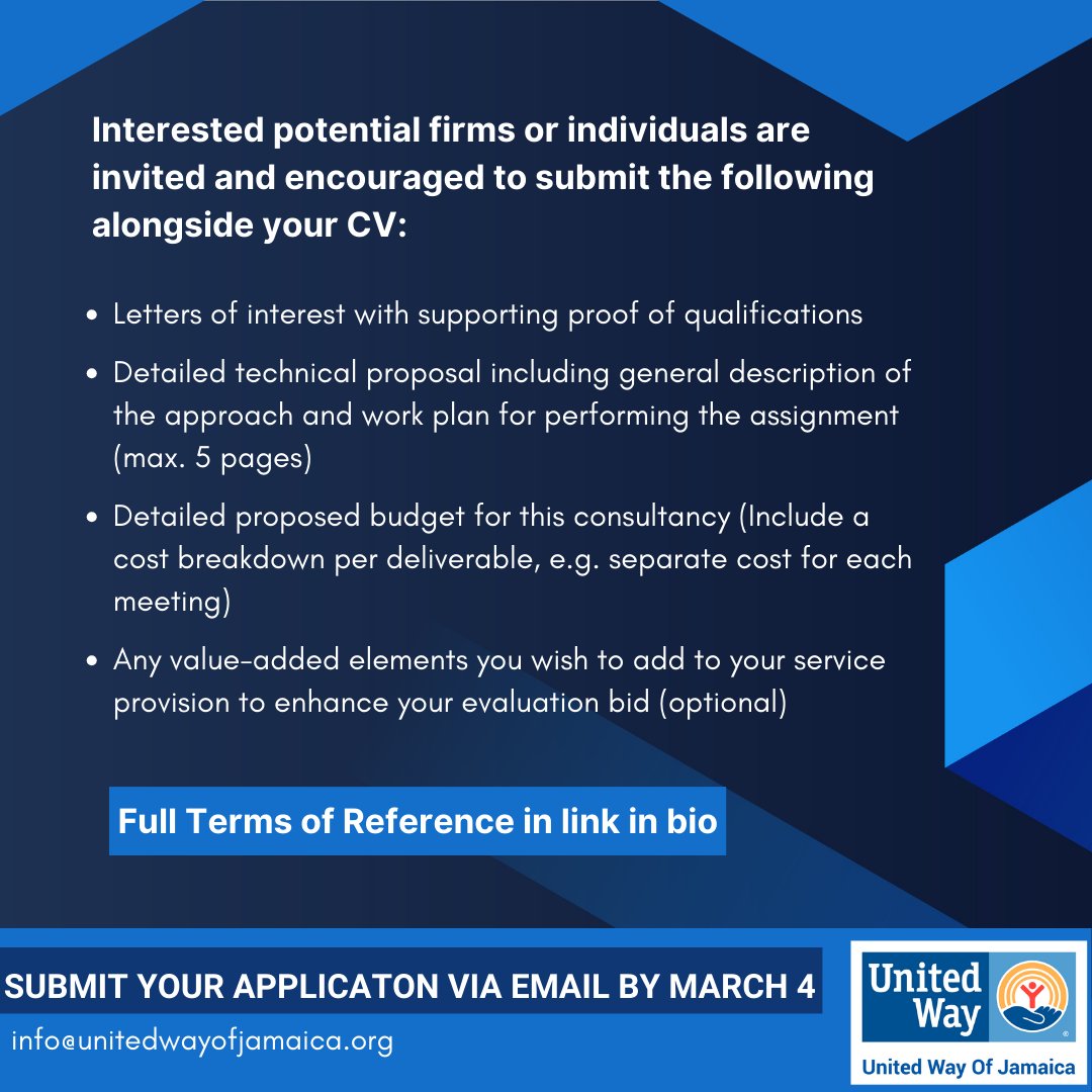 United Way of Jamaica is hiring a Chief Financial Officer Consultant to join our team.
See link in bio for Terms of Reference and apply via email to info@unitedwayofjamaica.org