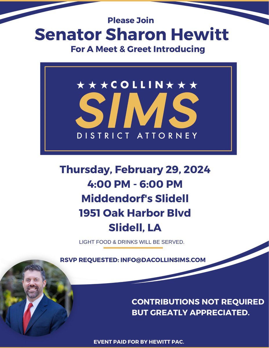If you have not yet met Collin Sims or heard him speak, please join me at Middendorf's on 2/29 from 4-6pm &amp; see for yourself why he is hands-down the best candidate for District Attorney in Tammany &amp; Washington parishes.

He had the courage to prosecute Jack Strain as the Chief