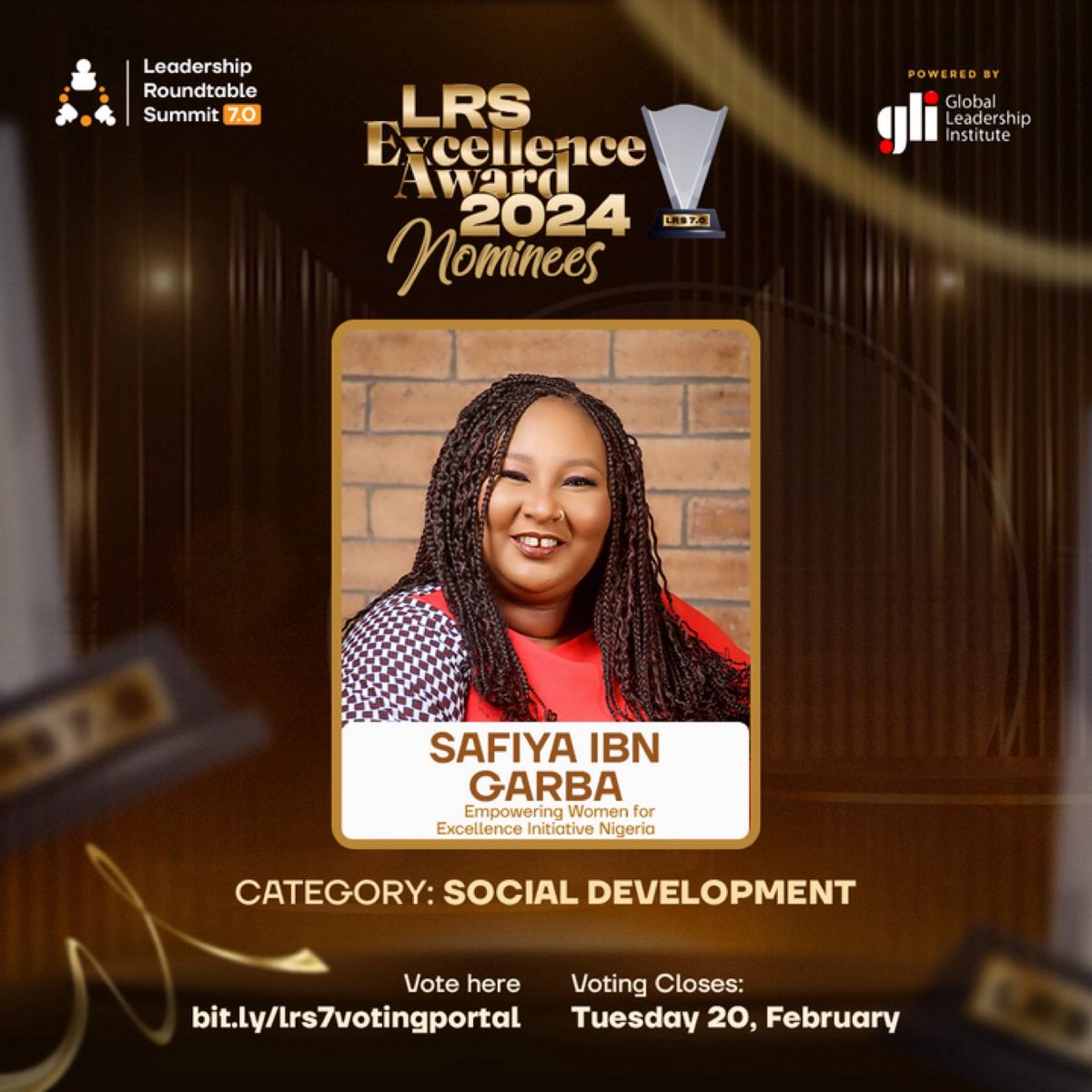 Thank you for the nomination Global Leadership Institute Nigeria!

Please support our very own PD by voting Safiya Ibn Garba under the Social Development Category … time is ticking. Thank you all🙏

Vote here: lnkd.in/eGpkDaJz