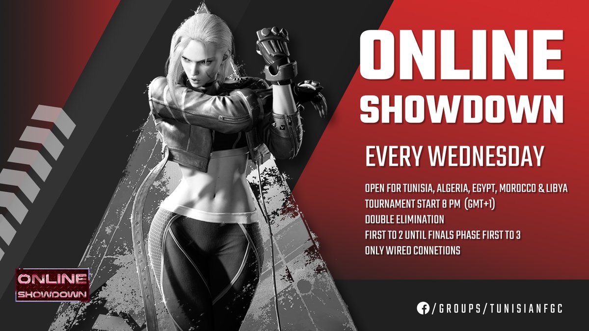 Online Showdown 1.16! 
The Street Fighter 6 Online tournament! 
Wednesday, 21/02 @ 8:00 p.m. GMT+1 THIS TOURNAMENT IS OPEN FOR🇹🇳🇩🇿🇲🇦🇱🇾🇪🇬
Registration:challonge.com/fr/OS_sf6_116
Matcherino: matcherino.com/t/tfgc_
Rules &amp; details in Challonge description.
#SF6 #FGC