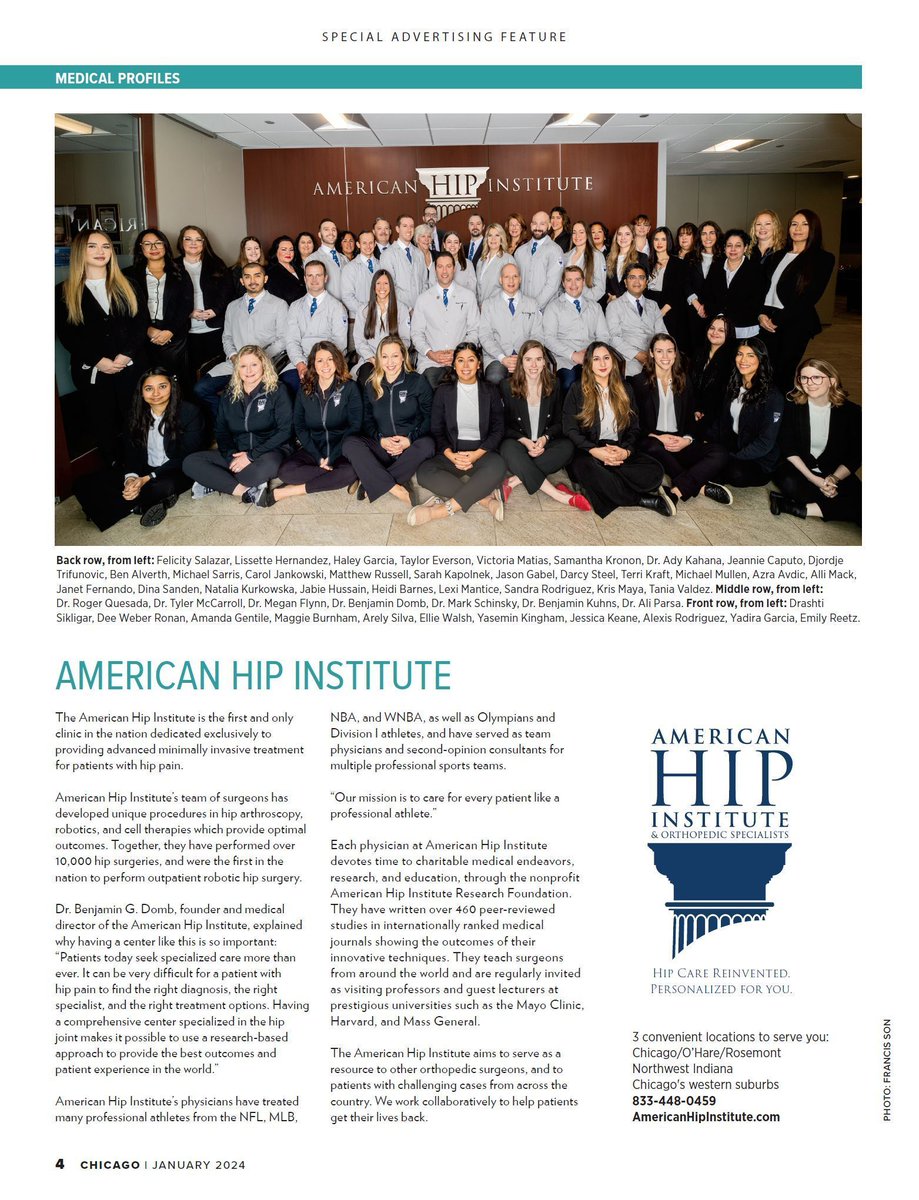 BenjaminDombMD's tweet photo. What a privilege to be part of the esteemed #ChicagoMagazine Top Docs publication! 💫HIP CARE REINVENTED. PERSONALIZED FOR YOU. #americanhipinstitute #BenjaminDombMD #MarkSchinskyMD #MeganFlynnMD #BenjaminKuhnsMD #health #sportsmedicine #hipcare #topdoc #bestofchicago #topdoc2024 https://t.co/JJnnce79oo
