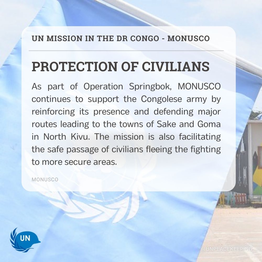 UNPeacekeeping's tweet photo. As tensions persist in the Democratic Republic of Congo, @MONUSCO calls on the M23 to cease its offensive in eastern DRC and to respect the Luanda Roadmap. #OperationSpringbok https://t.co/sXhzUgsUpX