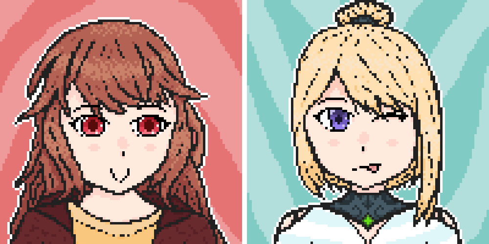 RyzaDraws's tweet photo. This is the first time I made pixel art as a gift to my actual friends lol

The hair was pretty annoying to draw and definitely took me the longest. Surprisingly I don't recall struggling as much with the eyes as much. I quite like the simple backgrounds bleeding into each other. https://t.co/OMOrbQc9TT
