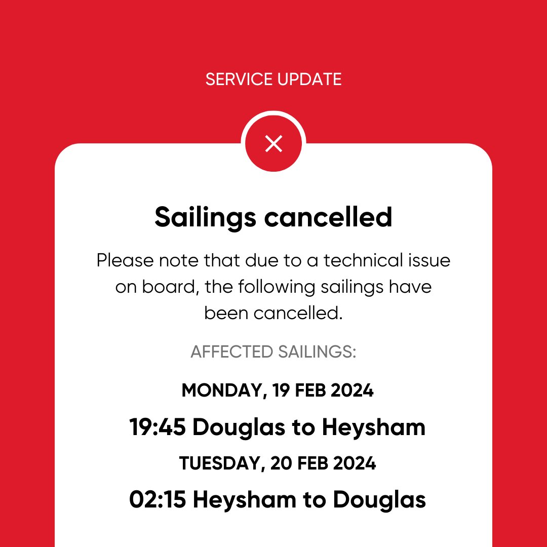 SAILING UPDATE: Due to a technical issue on board, Monday's 19:45 departure from Douglas to Heysham and Tuesday's 02:15 from Heysham to Douglas have been cancelled. For latest info see steam-packet.com/latestsailings