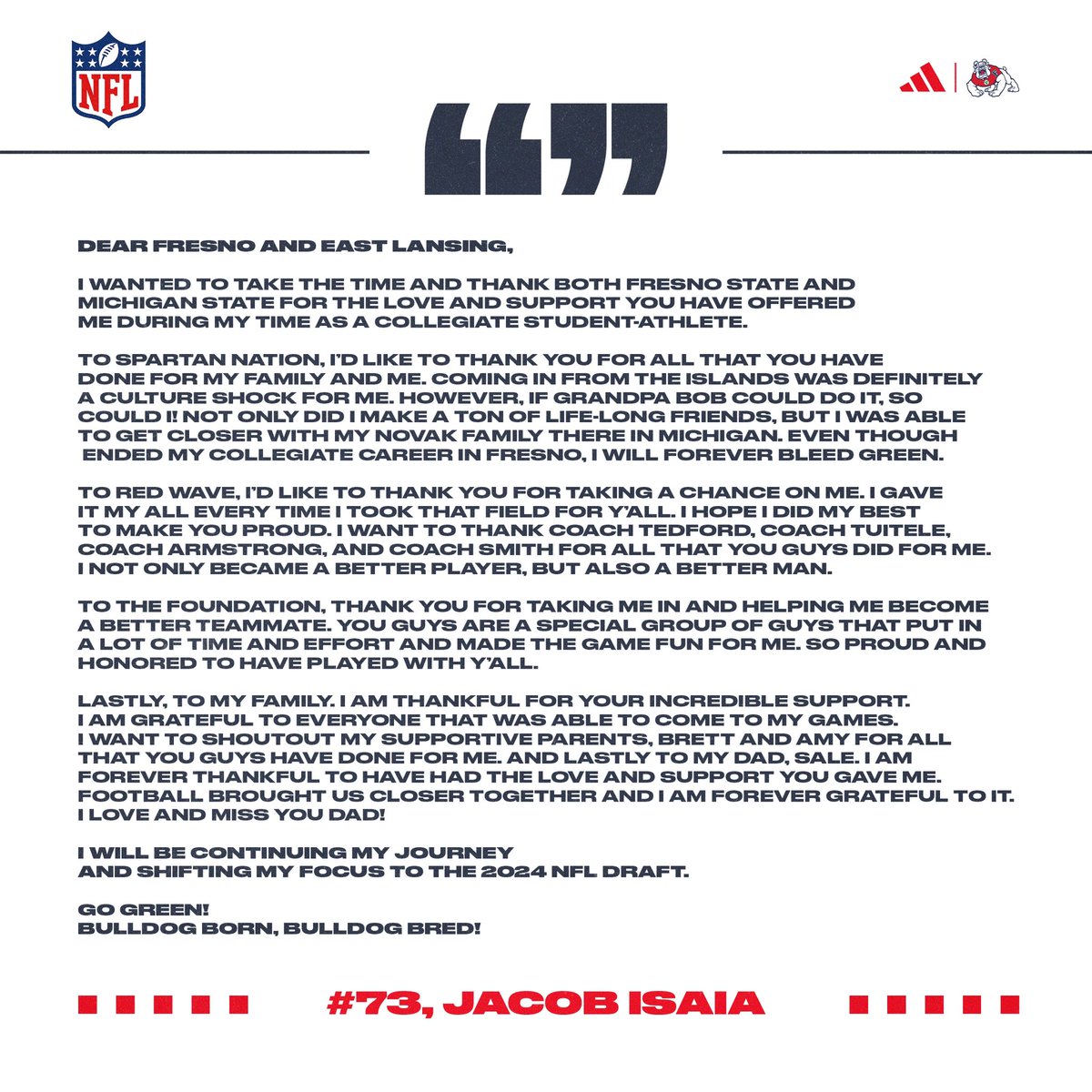 Grateful to both places, fired up for what’s next!!

#GoGreenGoWhite
#BulldogBornBulldogBred
#NFLDraft2024