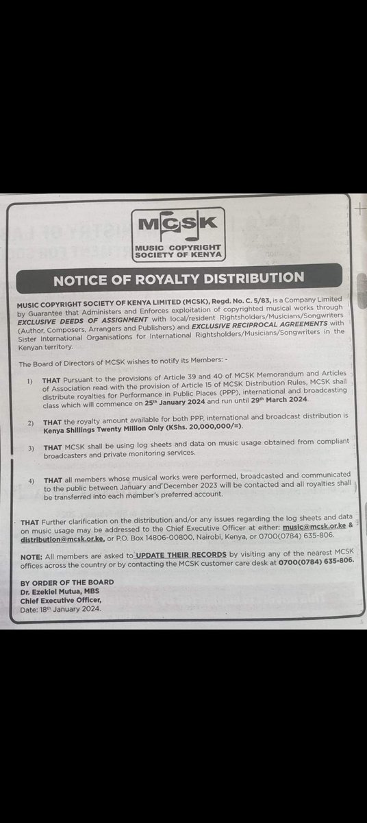 lexxgits's tweet photo. @muasya_ben @OleItumbi @EzekielMutua This was Ezekiel's own advert on his Twitter handle. 20 million distributed to 16k artists.

Now stop being a lazy borne, go figure out how much MCSK collected during that particular period vis a vis the 20 million given to artists. Also find out how much he earned, same period. https://t.co/jVxl3TwiBn