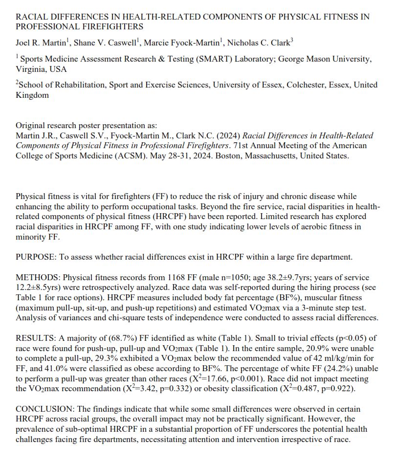 DrNickCC's tweet image. RACIAL DIFFERENCES IN HEALTH-RELATED COMPONENTS OF PHYSICAL FITNESS IN PROFESSIONAL FIREFIGHTERS 🧑‍🚒

Good to see this accepted to present at @ACSMNews 71st Annual Meeting 2024 👊

Thanks to Dr Joel Martin @SMARTLabGMU for the invite to contribute 🙏

#FireService #TacticalAthlete