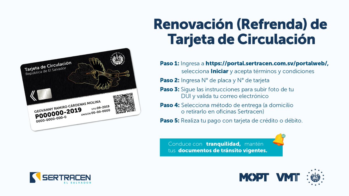 VMTElSalvador's tweet photo. Ya puedes refrendar tu tarjeta de circulación en línea en unos simples pasos:

Paso 1: Ingresa a https://t.co/QoK3Km4RI0, selecciona Iniciar y acepta términos y condiciones

Paso 2: Ingresa N° de placa y N° de tarjeta

Paso 3: Sigue las instrucciones para subir foto de tu DUI y valida tu correo electrónico

Paso 4: Selecciona método de entrega (a domicilio o retirarlo en oficinas Sertracen)

Paso 5: Realiza tu pago con tarjeta de crédito o débito.