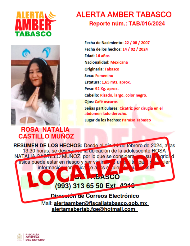 Personas Desaparecidas Tabasco, desactiva cédula de alerta amber a nombre de la adolescente ROSA NATALIA CASTILLO MUÑOZ.