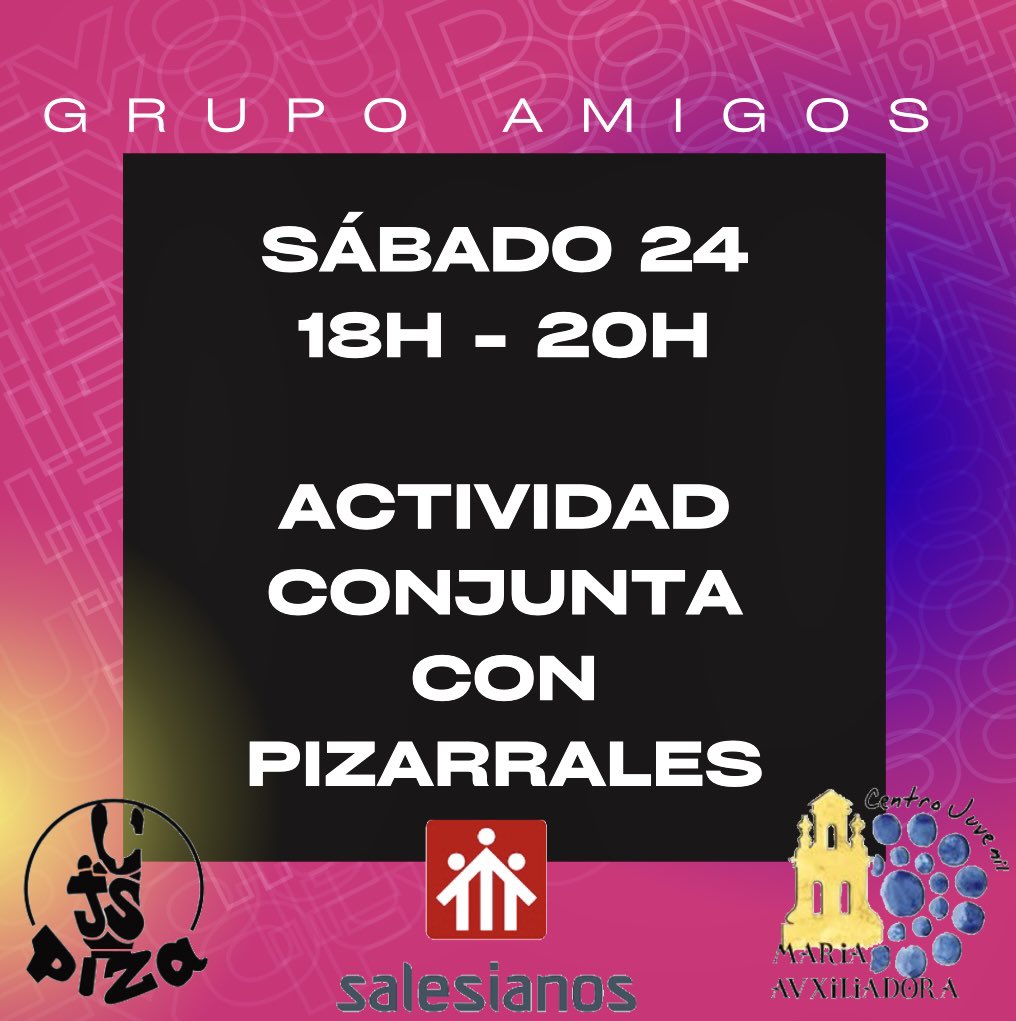 cjmaux's tweet photo. ¡Hola holaa!
Os informamos de que este sábado 24 el Grupo Amigos tendrá una actividad especial conjunta con el Centro Juvenil de Pizarrales. El horario será de 18h a 20h. NO HAY INSCRIPCIÓN. 
Os esperamos a todos para pasarlo genial y hacer nuevos amigos!✨ https://t.co/8AK8m6gn2G