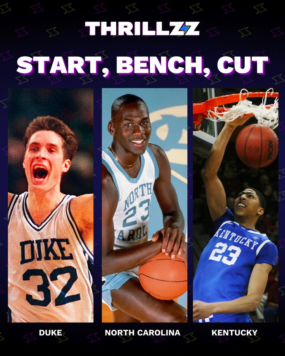 Best college basketball program of all time between…. Duke, North Carolina, Kentucky! 

Start, Bench, Cut…. Go! 🏀🏆⚡

#Duke #NorthCarolina #Kentucky