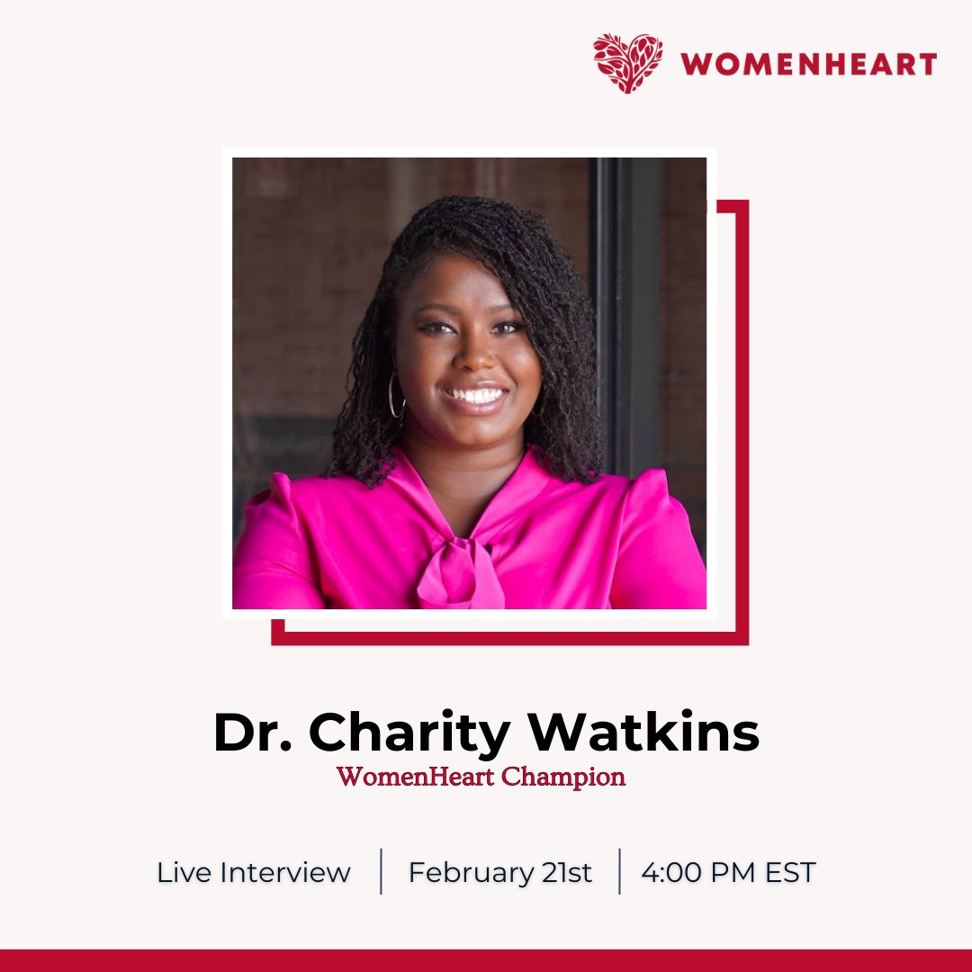 WomenHeartOrg's tweet photo. Join us LIVE on 2/21 at 4 PM ET for an inspiring chat with WomenHeart Champion, Dr. Charity Watkins!
Dive into her heart health journey and get empowered. ๐
Set your reminders! https://t.co/8KDSv46wgV