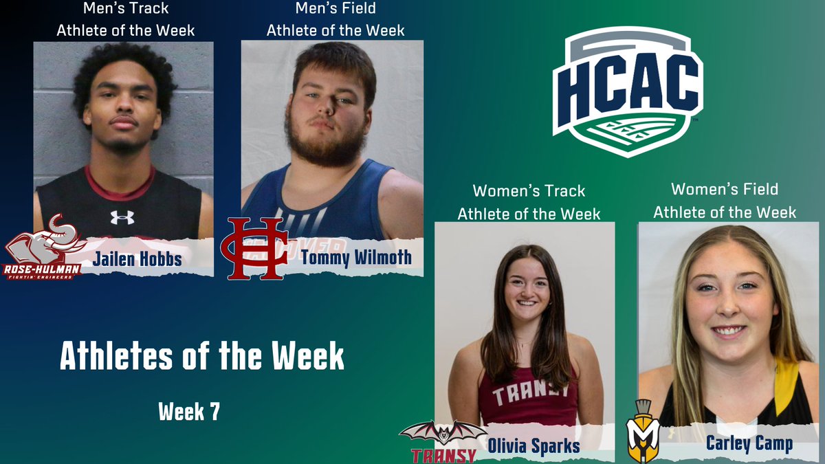 Heartland Collegiate Athletic Conference (@hcacdiii) on Twitter photo HCAC Indoor Track & Field | Athletes of the Week
Men's Track: Jailen Hobbs, @RHITsports
Men's Field: Tommy Wilmoth, <a href="/HanoverPanthers/">Hanover Panthers</a>
Women's Track: Olivia Sparks, <a href="/TransySports/">Transy Sports</a>
Women's Field: Carley Camp, <a href="/MUSpartans/">Manchester University Athletics</a>
Full Release: tinyurl.com/5eupdut6
#TheHeartofD3 | #D3TF HCAC Indoor Track & Field | Athletes of the Week
Men's Track: Jailen Hobbs, @RHITsports
Men's Field: Tommy Wilmoth, <a href="/HanoverPanthers/">Hanover Panthers</a>
Women's Track: Olivia Sparks, <a href="/TransySports/">Transy Sports</a>
Women's Field: Carley Camp, <a href="/MUSpartans/">Manchester University Athletics</a>
Full Release: tinyurl.com/5eupdut6
#TheHeartofD3 | #D3TF